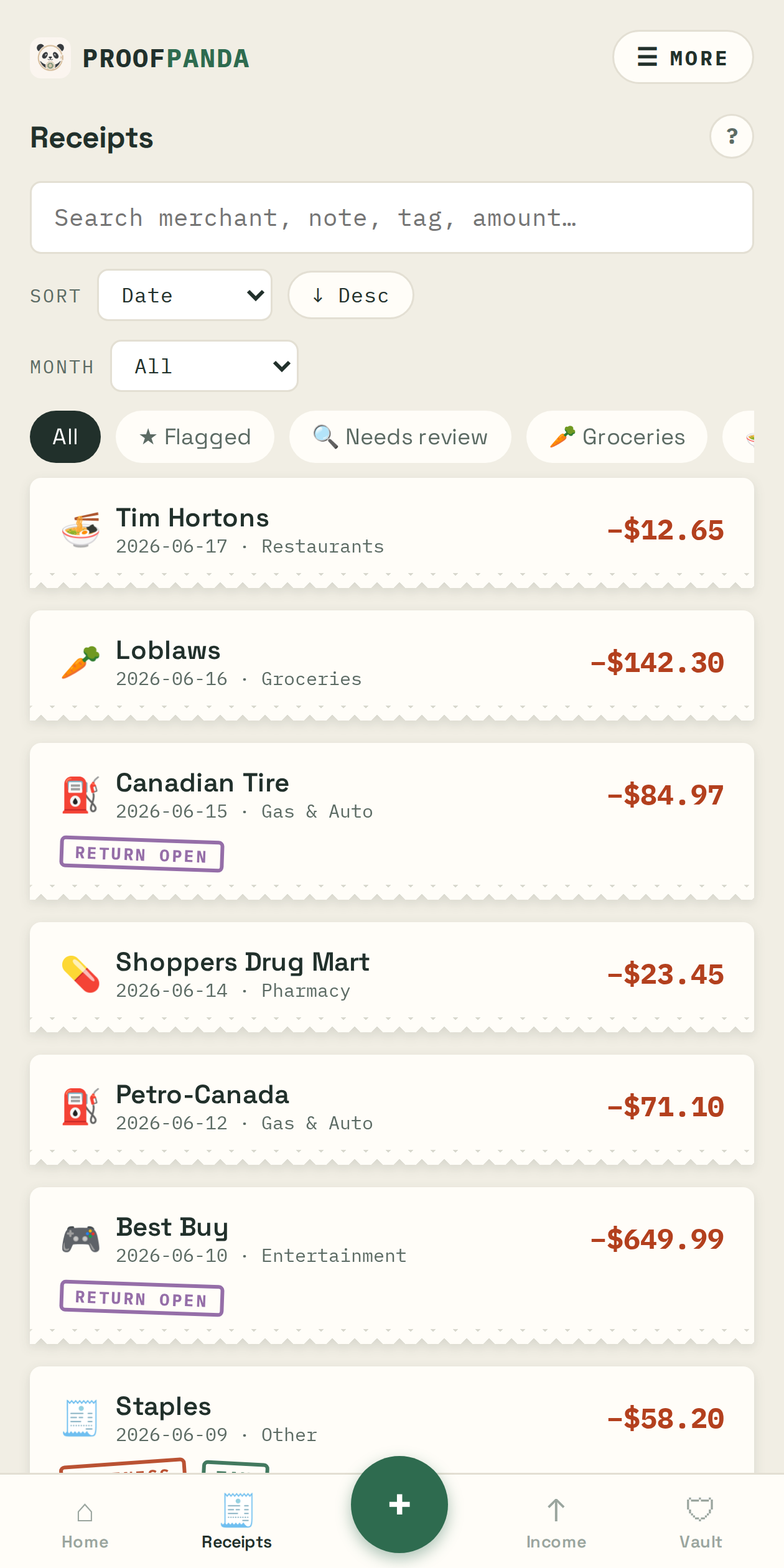 Scanning a receipt in Proof Panda